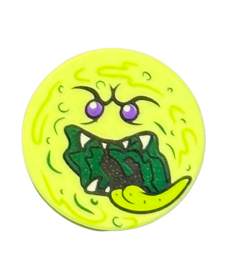 Tile, Round 2 x 2 with Bottom Stud Holder with Ghost Face with Dark Purple Eyes, Dark Green Open Mouth, White Sharp Teeth, and Lime Tongue Pattern, Part# 14769pb051