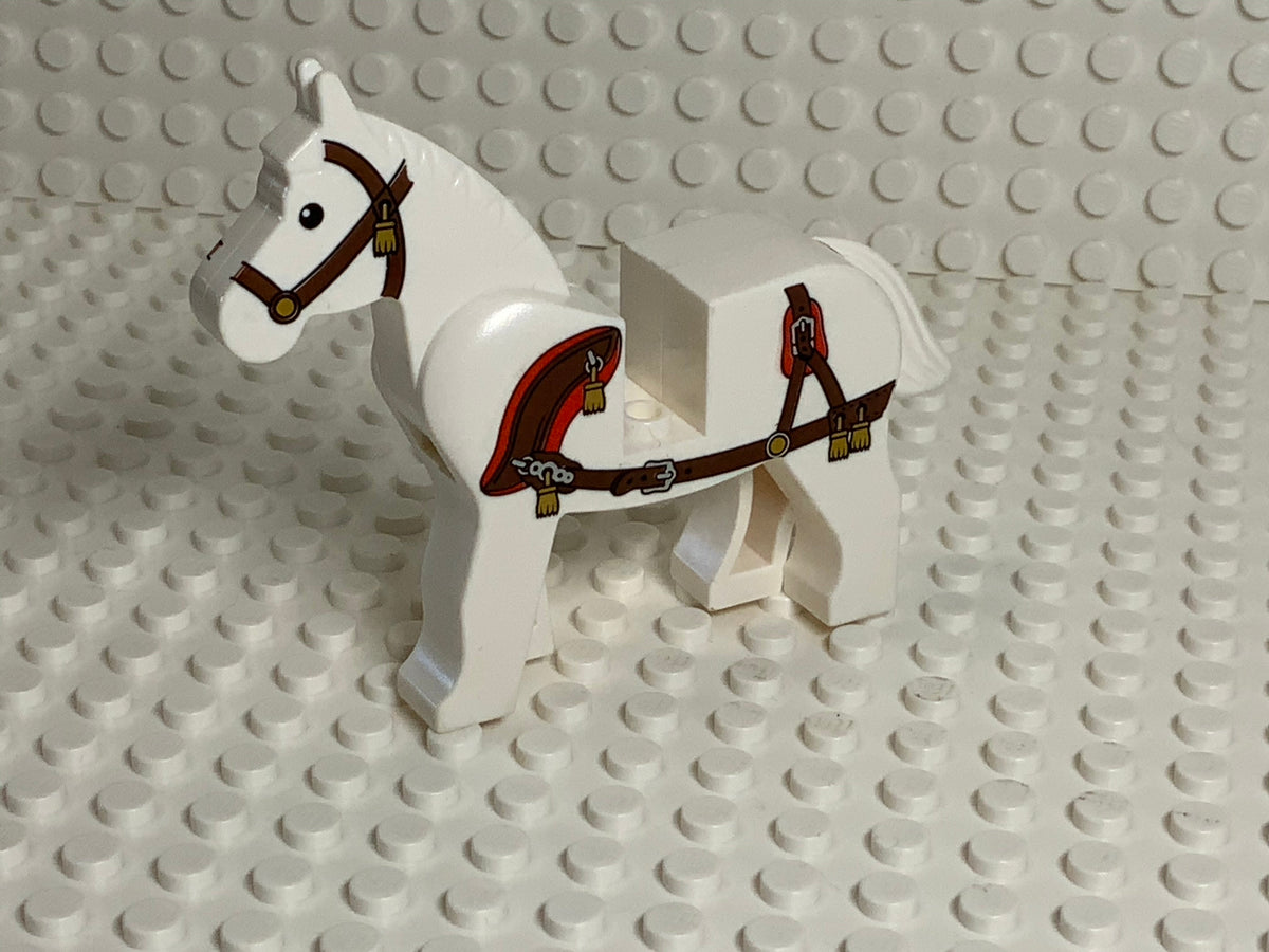 White LEGO® Horse w/ Ornate Harness & Gold Tassels