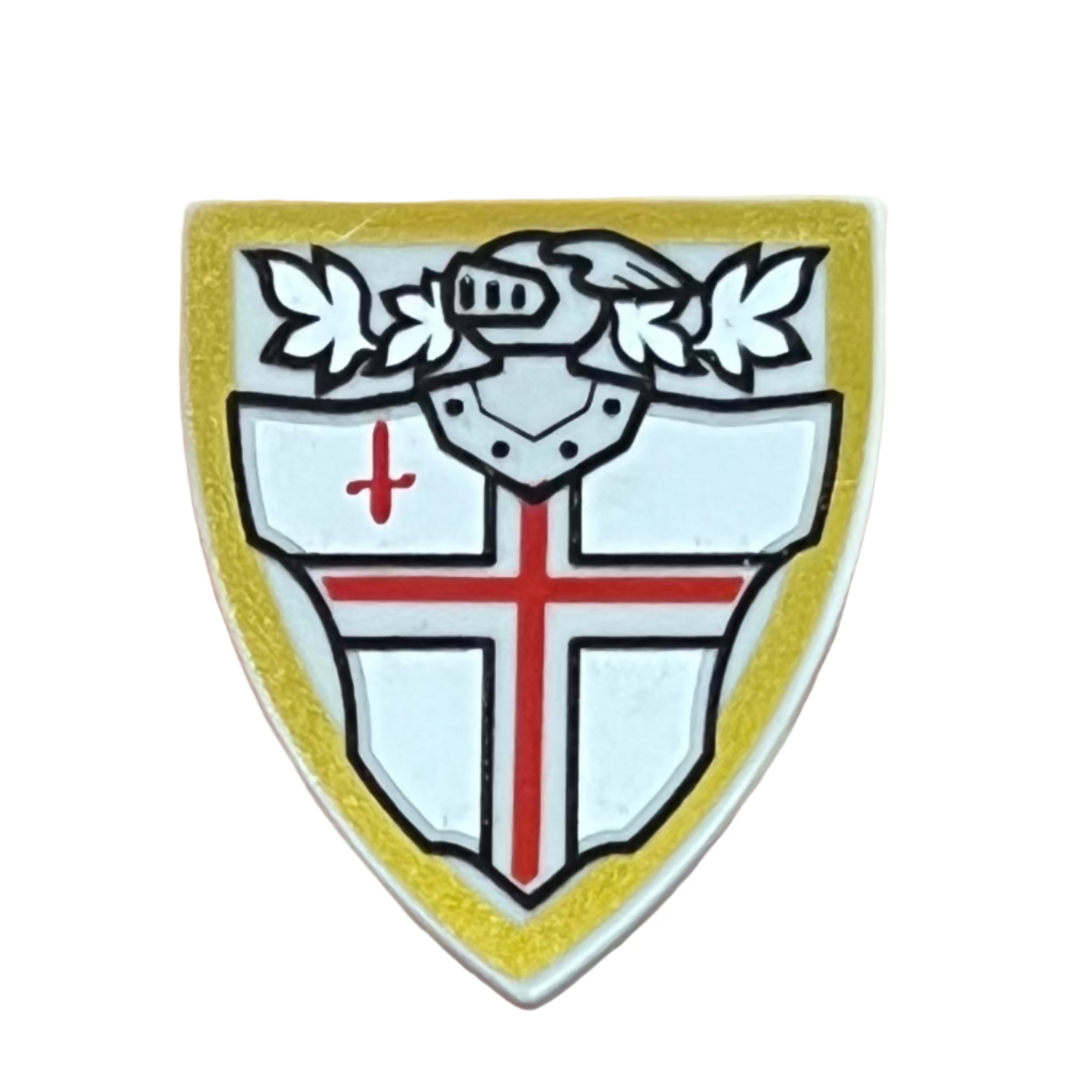 Minifigure Shield Triangular Short with Red St. George's Cross and Helmet with Face Grille Pattern, 3846pb032