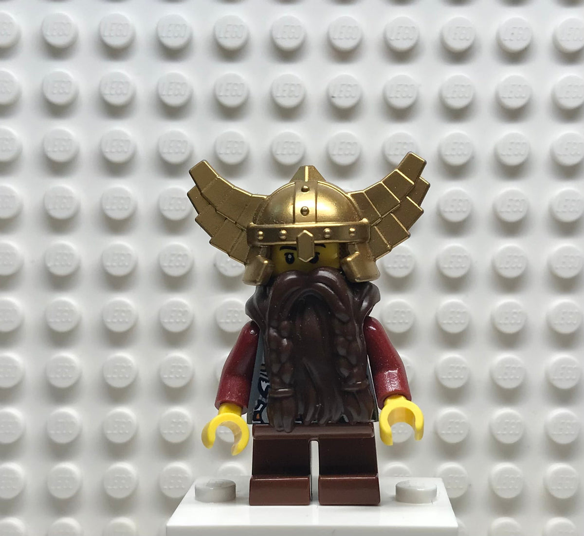 Fantasy Era, Dwarf, Dark Brown Beard, Metallic Gold Helmet with Wings, Dark Red Arms, Smirk and Stubble Beard, cas356