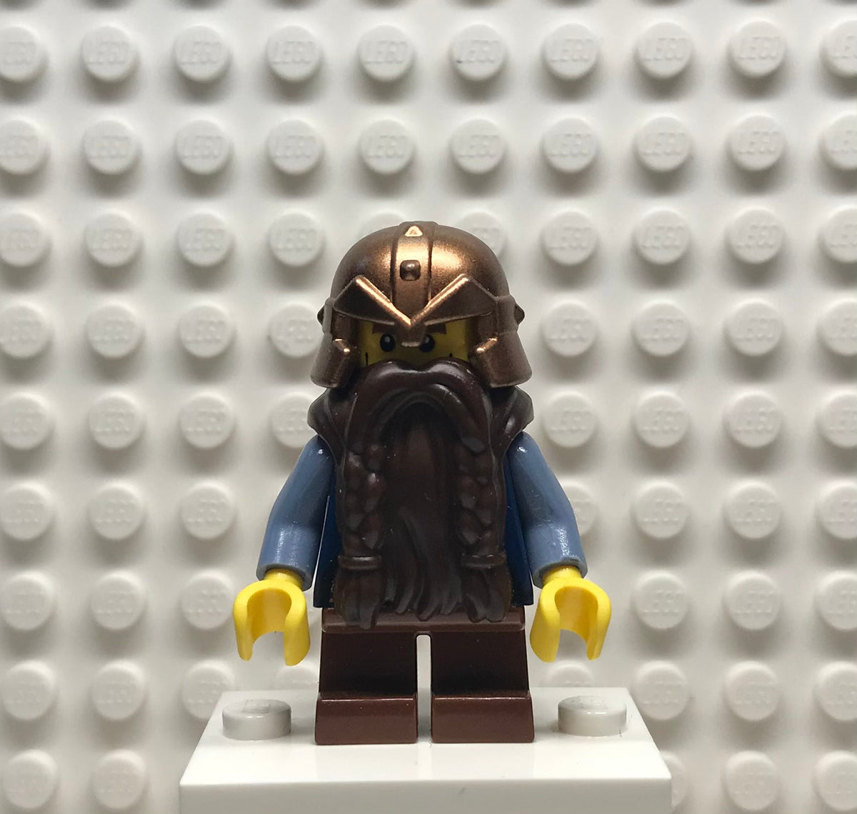 Fantasy Era, Dwarf, Dark Brown Beard, Copper Helmet with Studded Bands, Sand Blue Arms, Vertical Cheek Lines, cas355